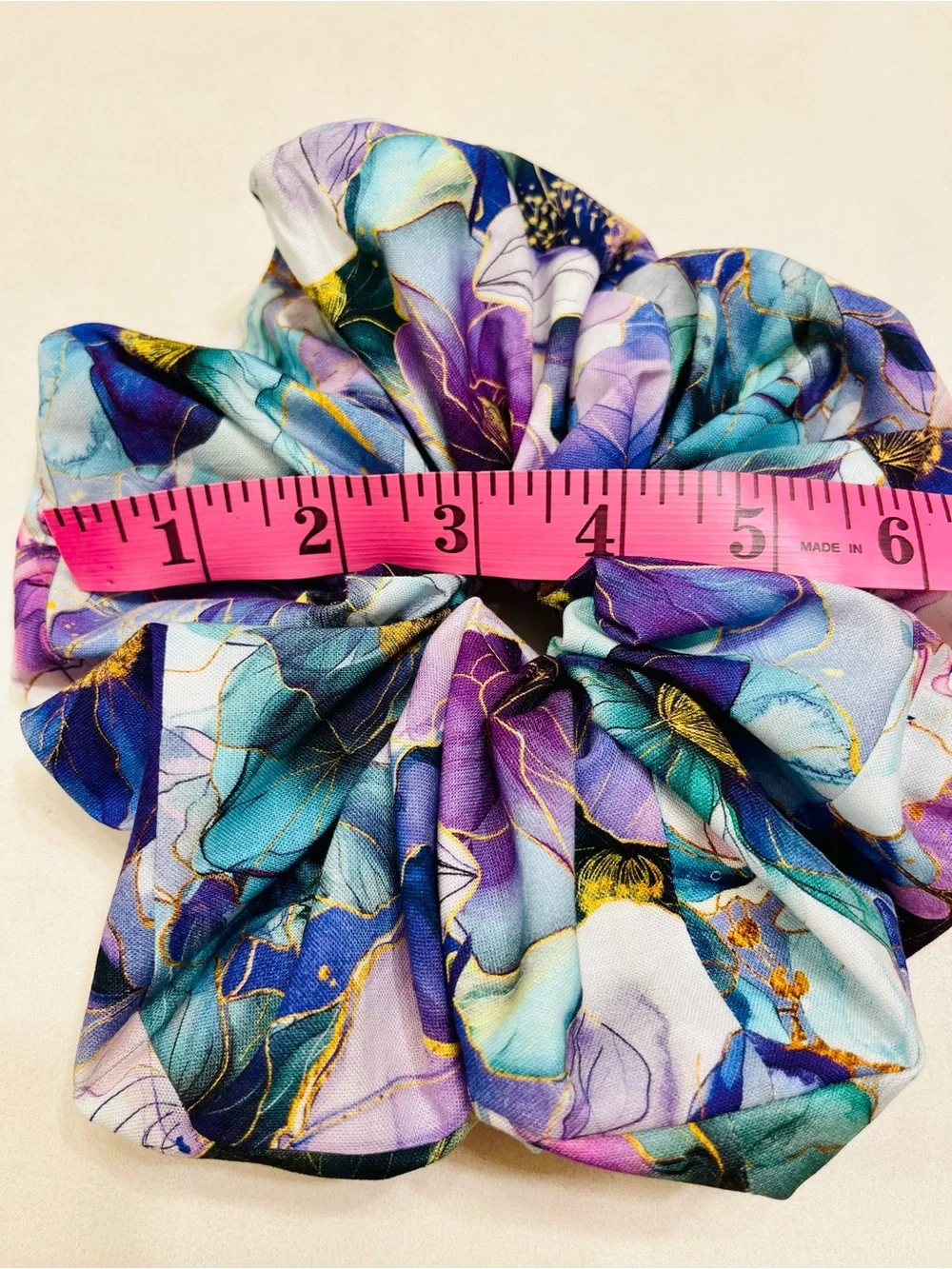 Handmade Watercolor Teal Purple Metallic Gold Floral Scrunchies